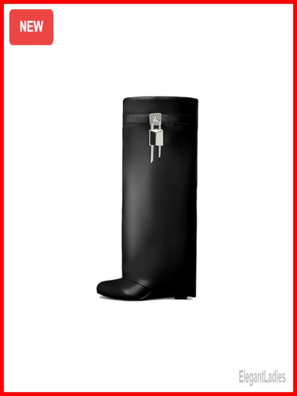 Fold Over Wedge Boots Knee High Faux Leather Padlock Detail Pull On